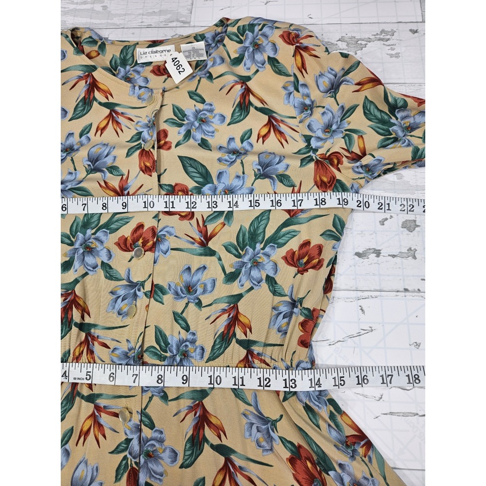 Liz Claiborne Vintage Floral Midi Dress Tan Blue Bird of Paradise Rayon Size 12 - Picture 6 of 8